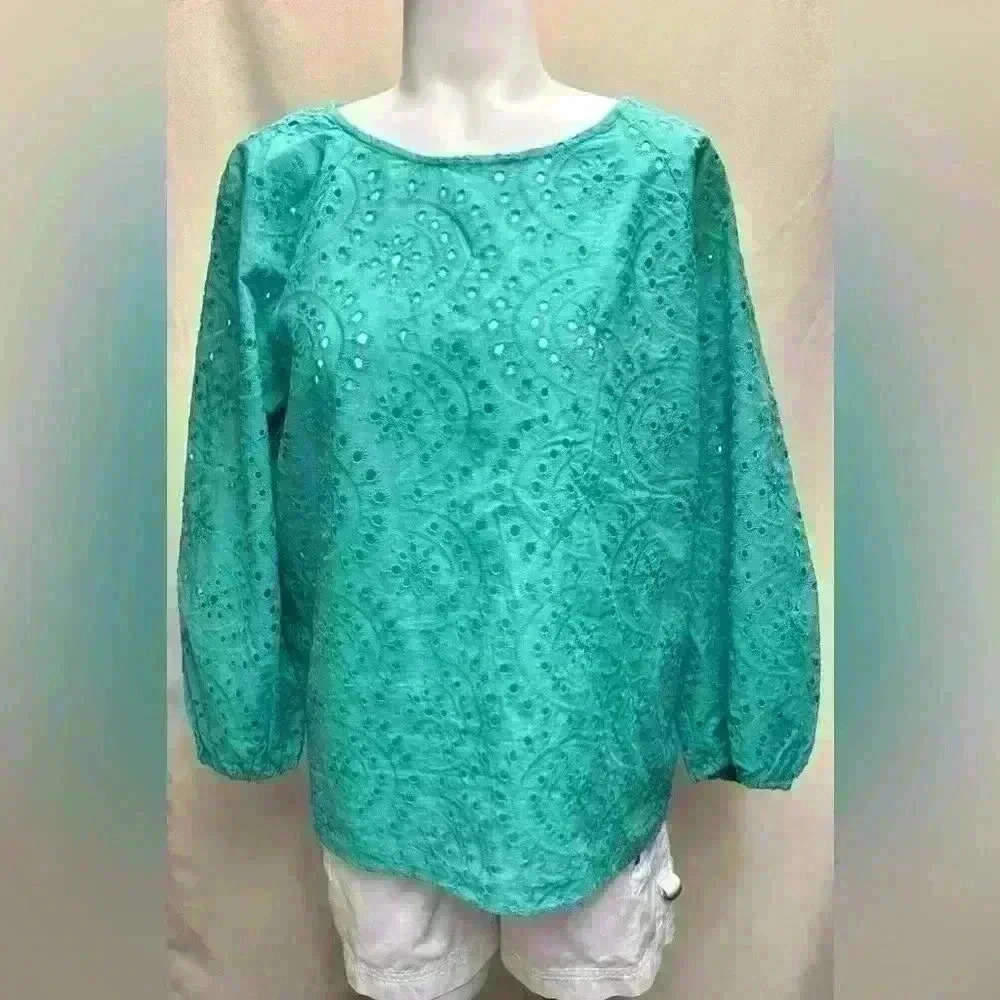 APT. 9 Women's Teal Scoop Neck Pullover eyelet 3/4 Sleeve Top 100% Cotton Large